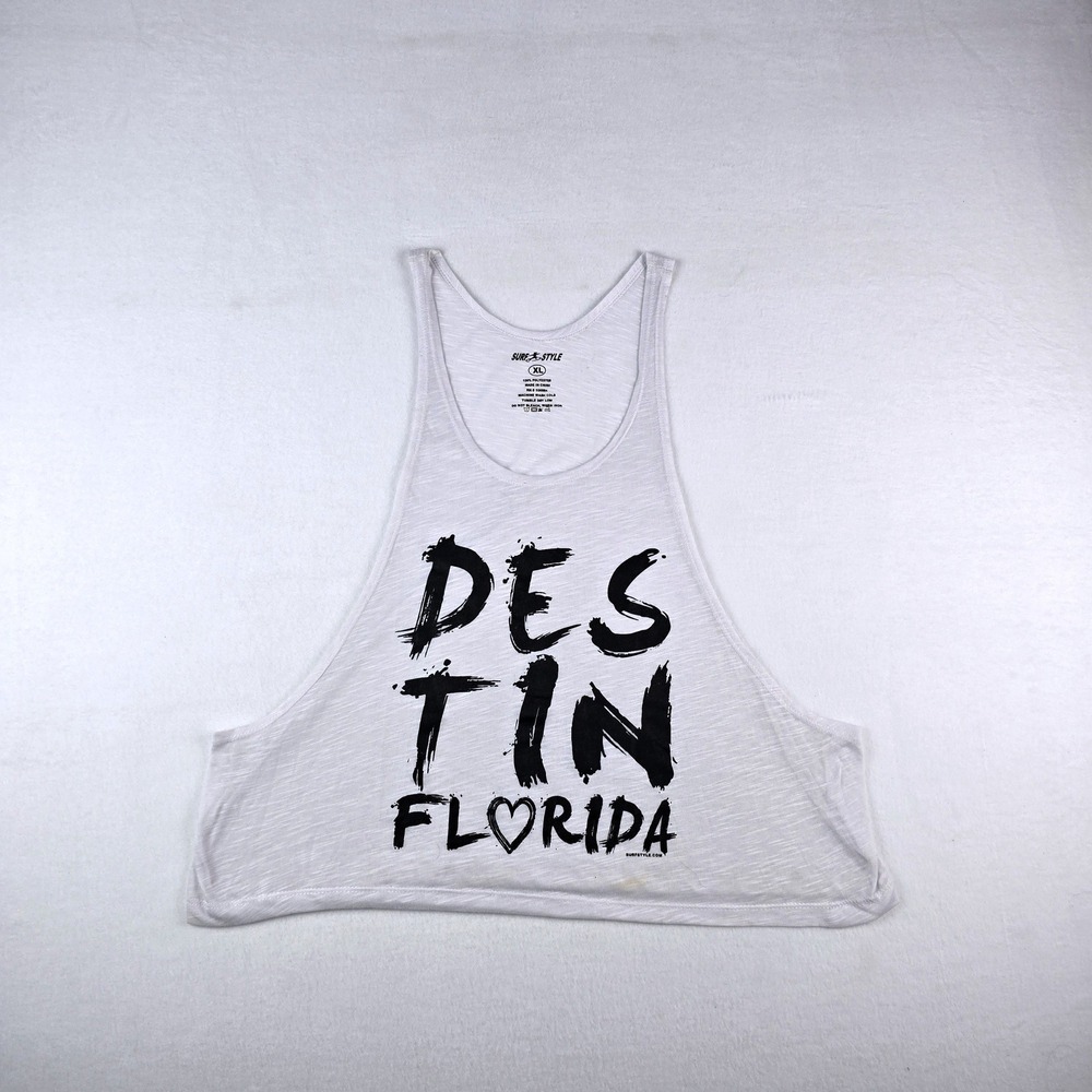 Surf Style Destin Florida Graphic Tank Top Women XL White Slub Knit Cropped Tee
